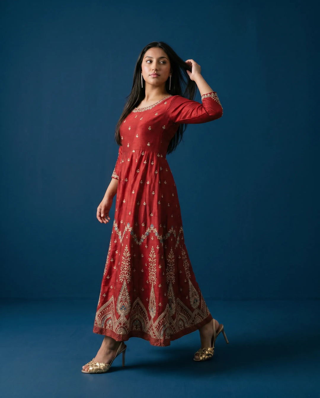 Maroon Embriodered Silk Blended Maxi Dress