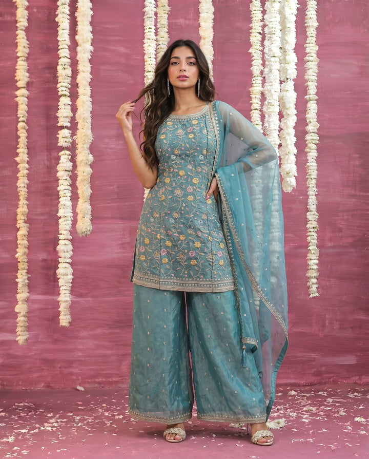 Turquoise Embriodered Silk Blended Spaghetti Strap Kurta Bottom Dupatta Set