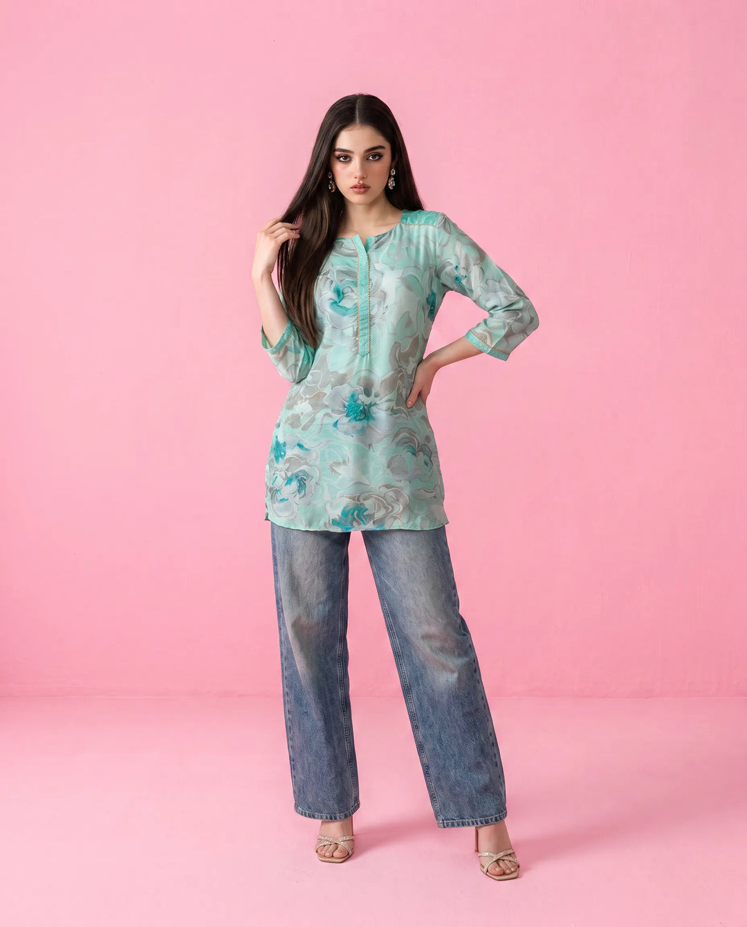Turquoise Printed Crepe Silk Short Kurti