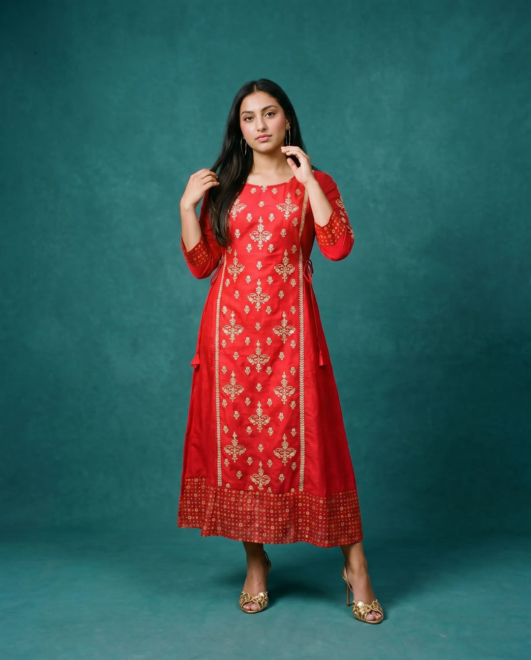 Red Embriodered Silk Blended Maxi Dress