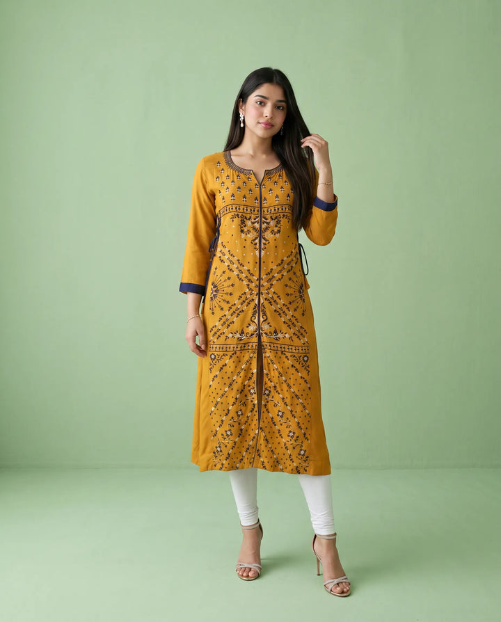 Yellow Embroidered Rayon Straight cut Long Kurta