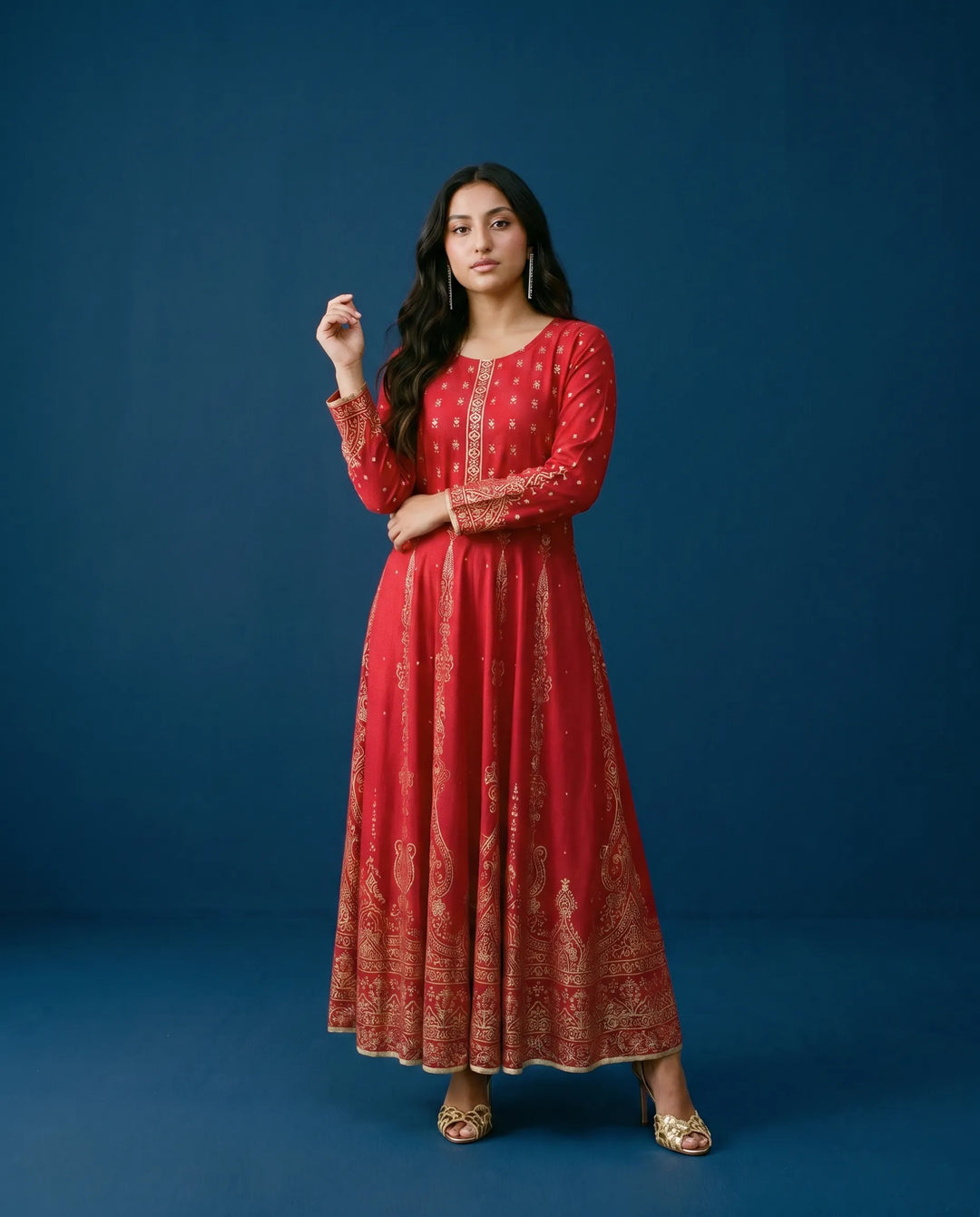 Red Printed Rayon Maxi Dress
