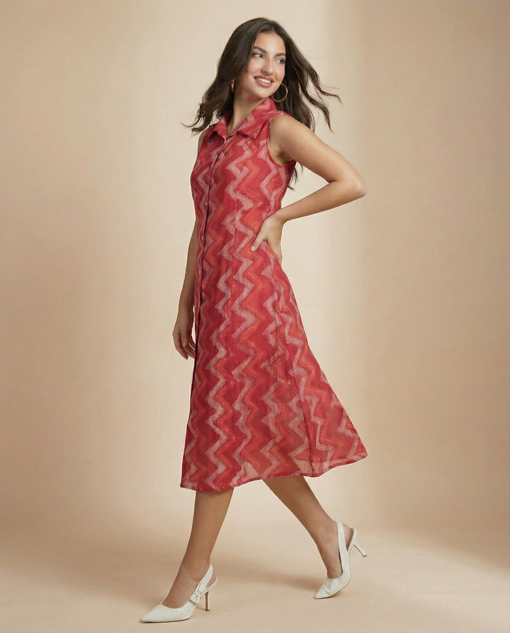 Red Printed Viscose Blended Midi Dress