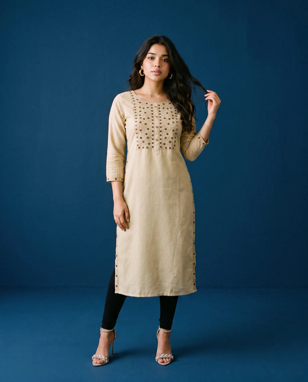 Beige Embroidered Cotton Straight cut Long Kurta