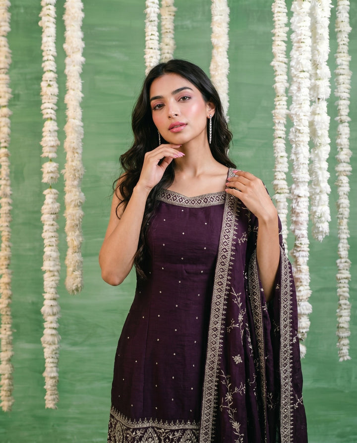Wine Embriodered Silk Blended Sleeveless Kurta Bottom Dupatta Set