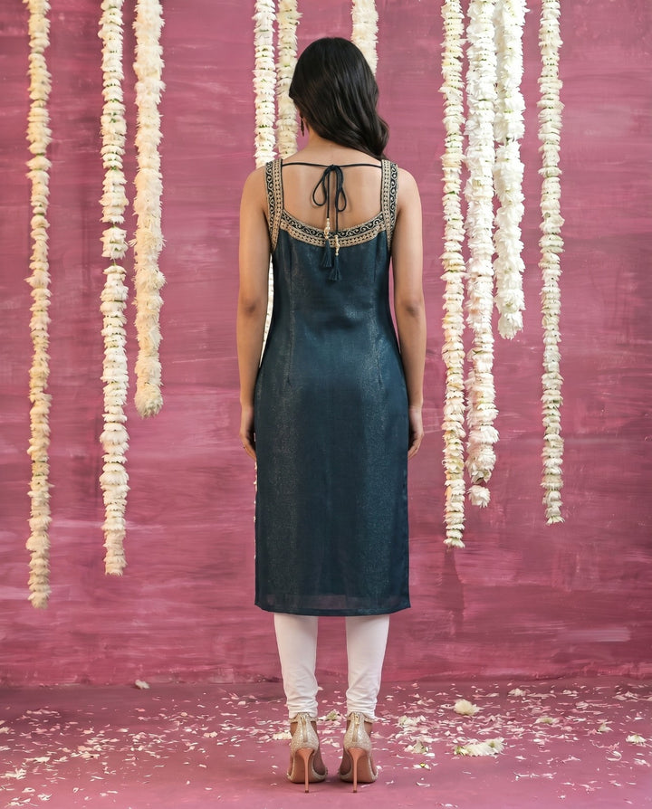 Turquoise Embroidered Viscose Blended Sleeveless Straight cut Long Kurta