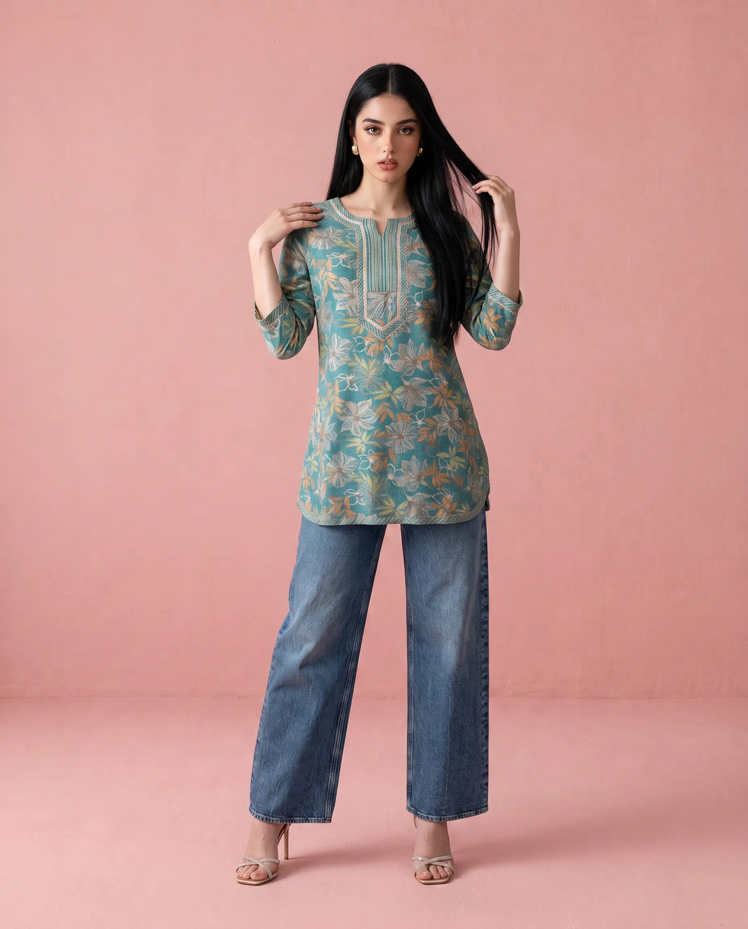 Turquoise Printed Cotton Blended Short Kurti