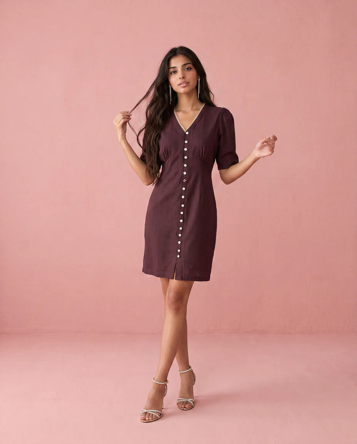 Wine Solid Viscose Blended Midi Dress