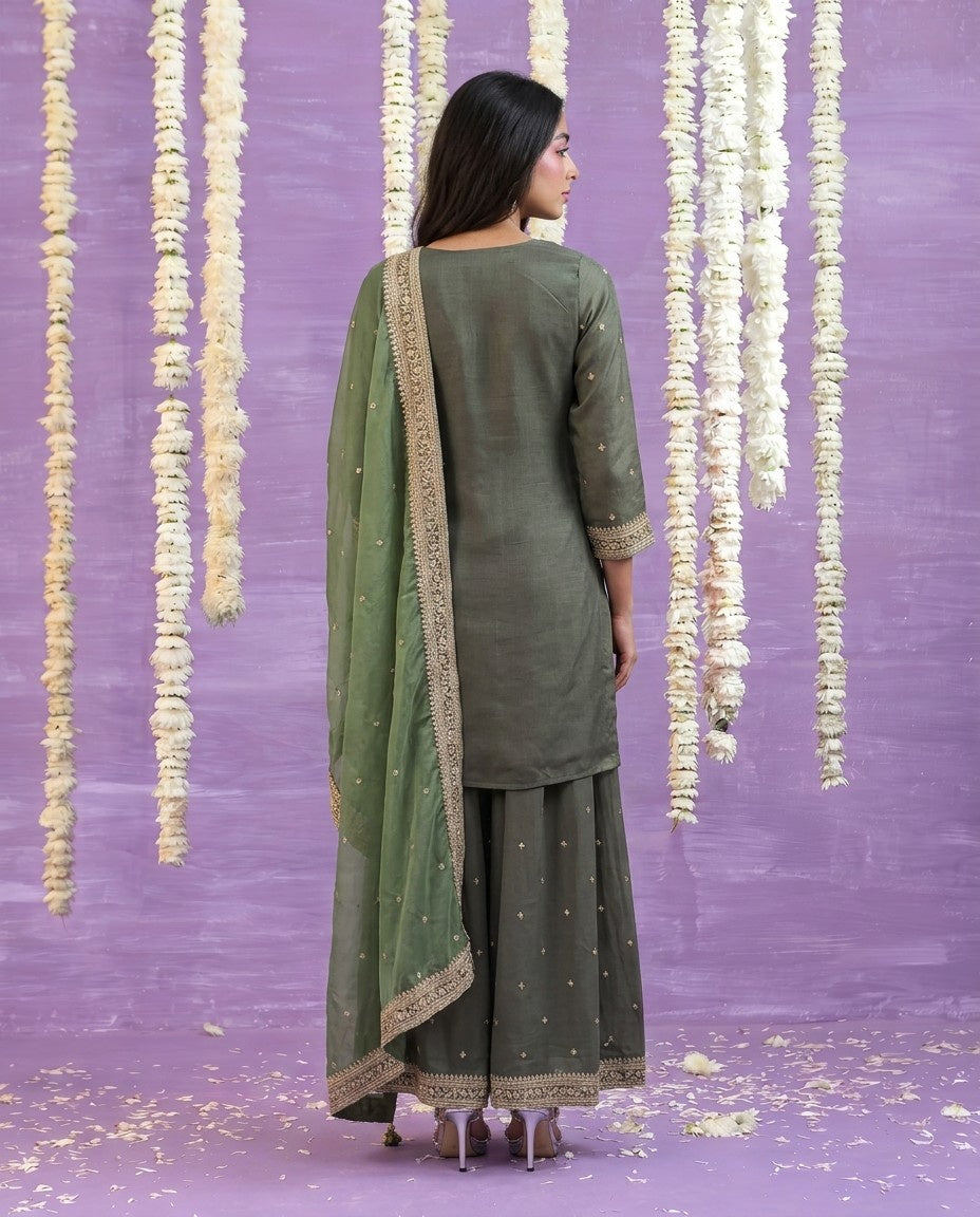 Olive Embriodered Silk Blended Kurta Bottom Dupatta Set