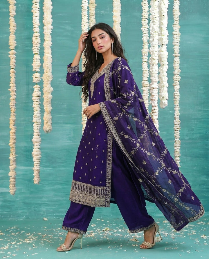 Purple Embriodered Silk Blended Kurta Bottom Dupatta Set