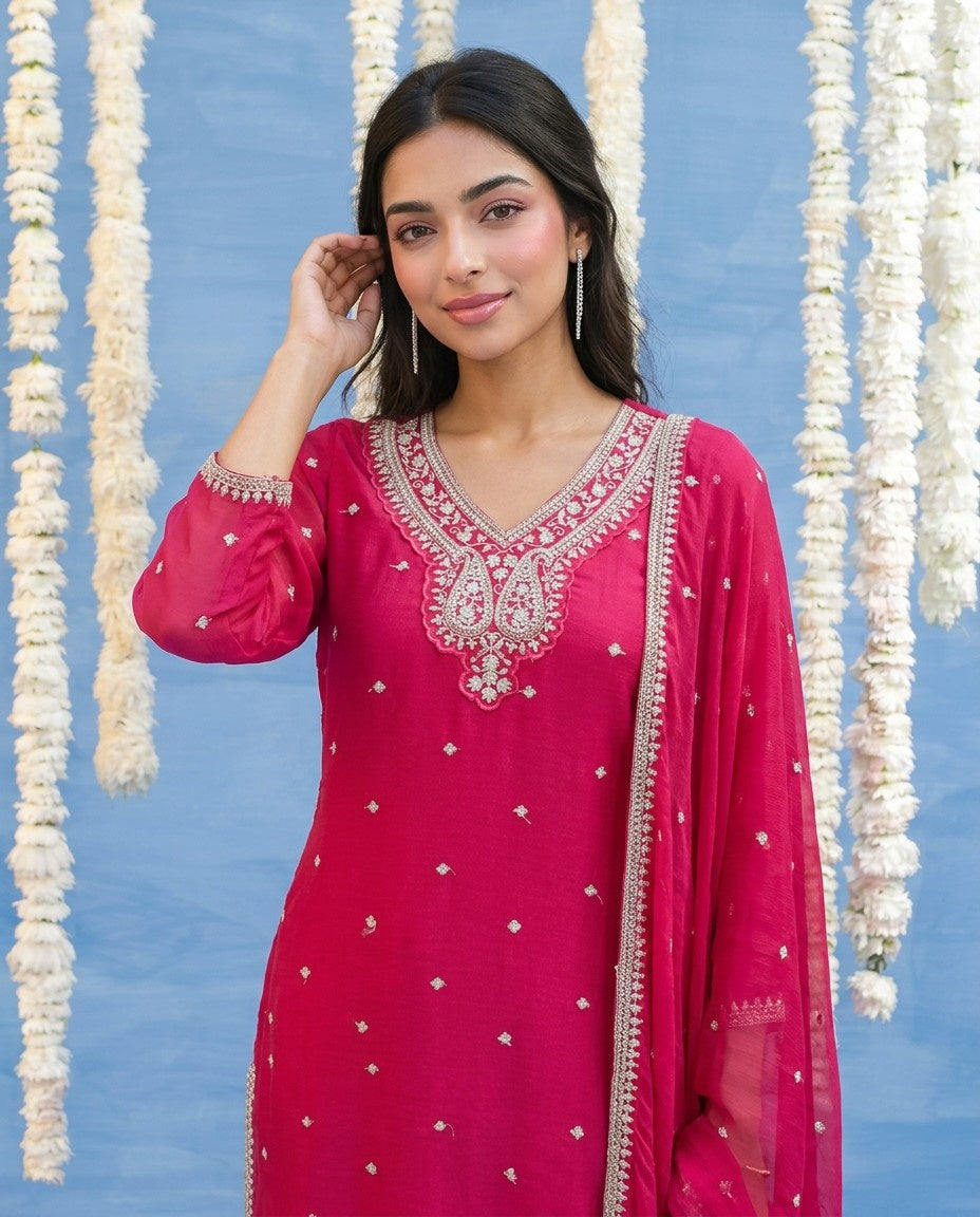 Magenta Embriodered Silk Blended Kurta Bottom Dupatta Set