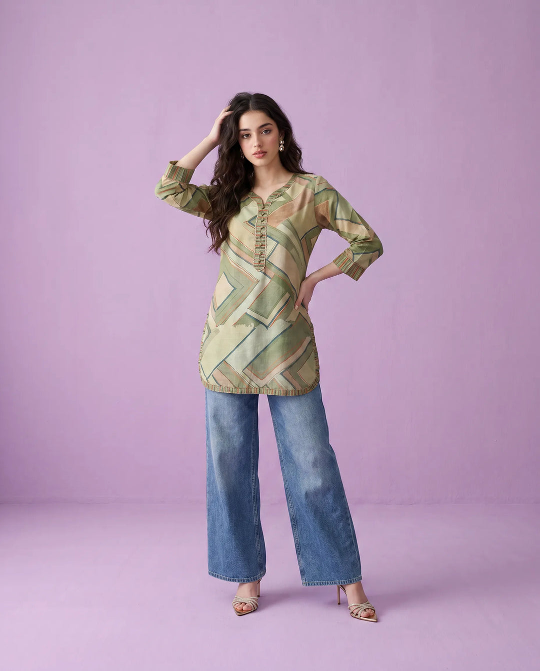 Olive Printed Cotton Blended Short Kurti