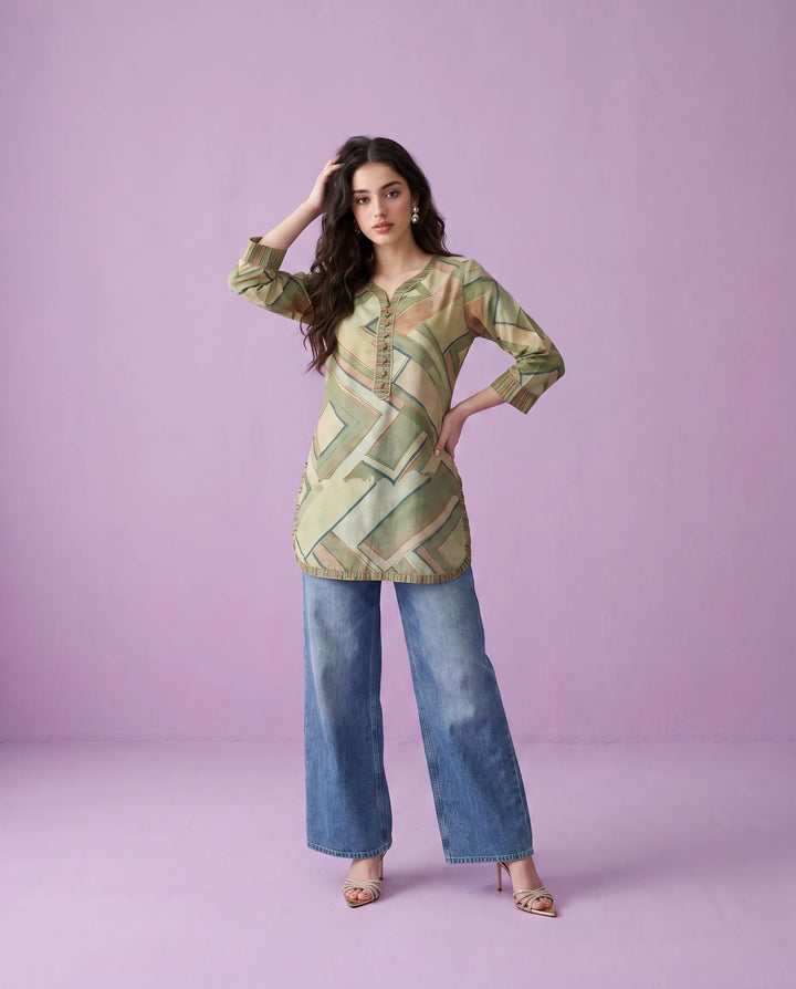 Olive Printed Cotton Blended Short Kurti