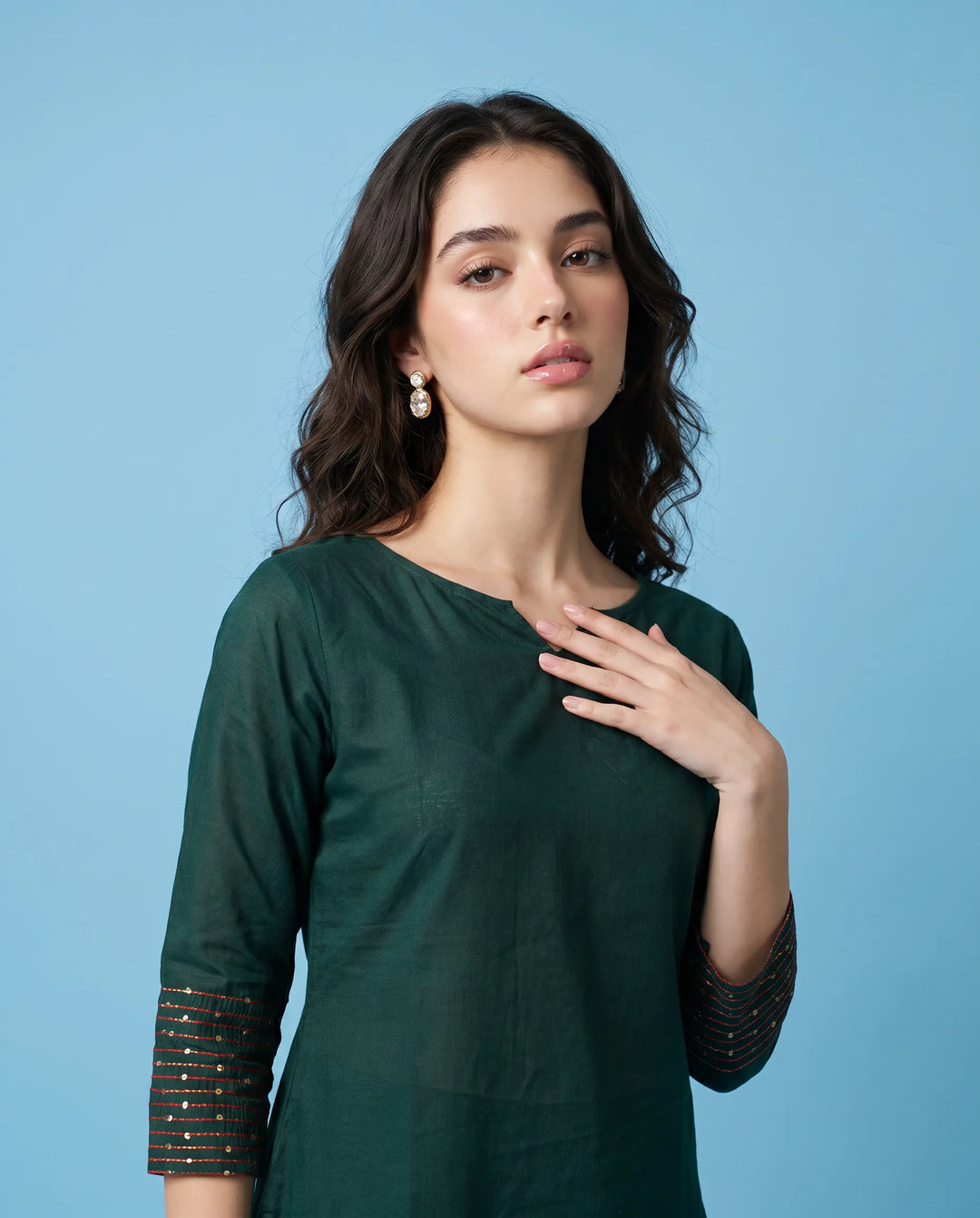 Green Embroidered Cotton Short Kurti