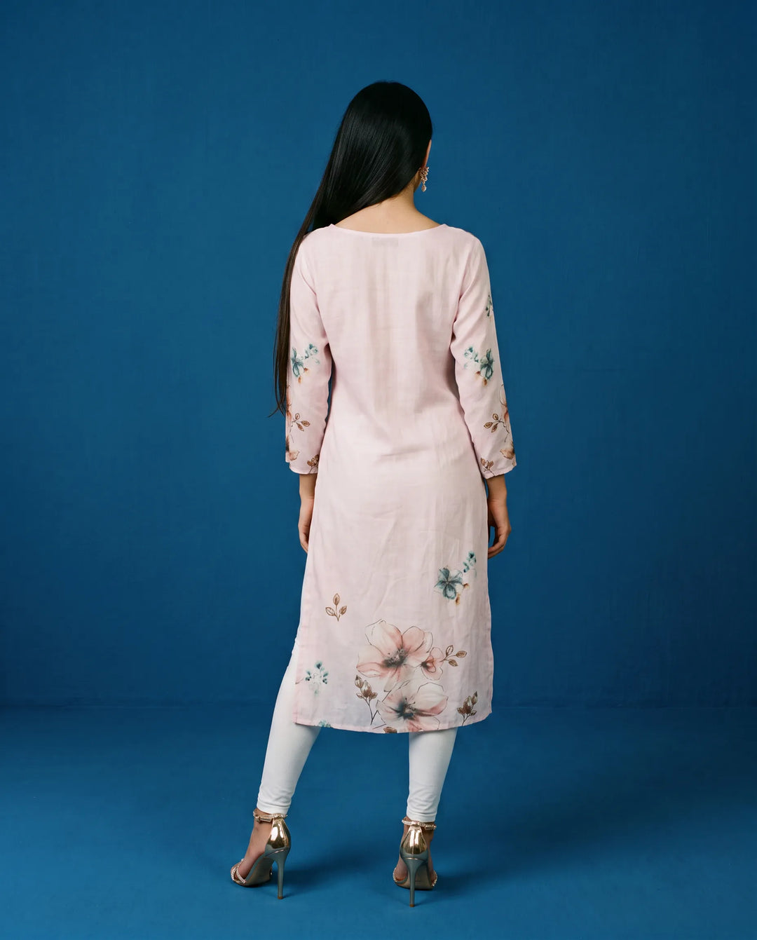 Pink Printed Crepe Silk Straight cut Long Kurta