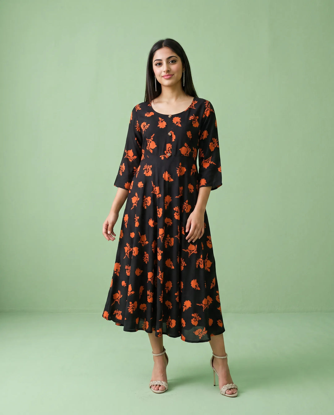 Black Printed Rayon Maxi Dress