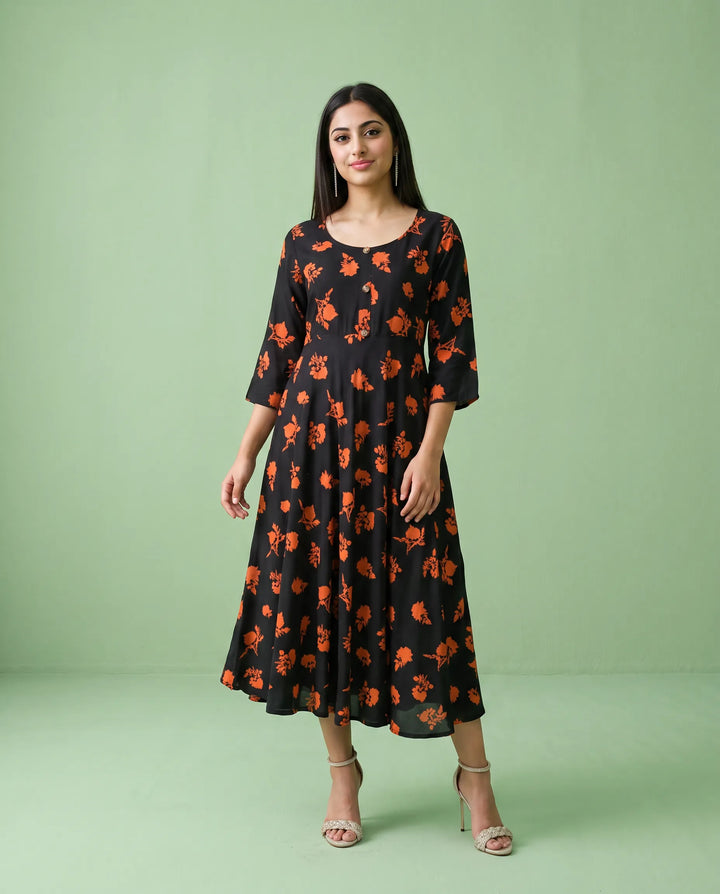 Black Printed Rayon Maxi Dress