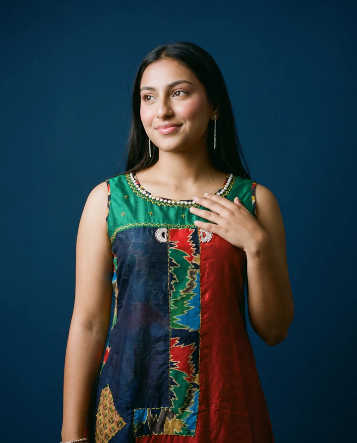 Navy Printed Viscose Blended Sleeveless Maxi Dress