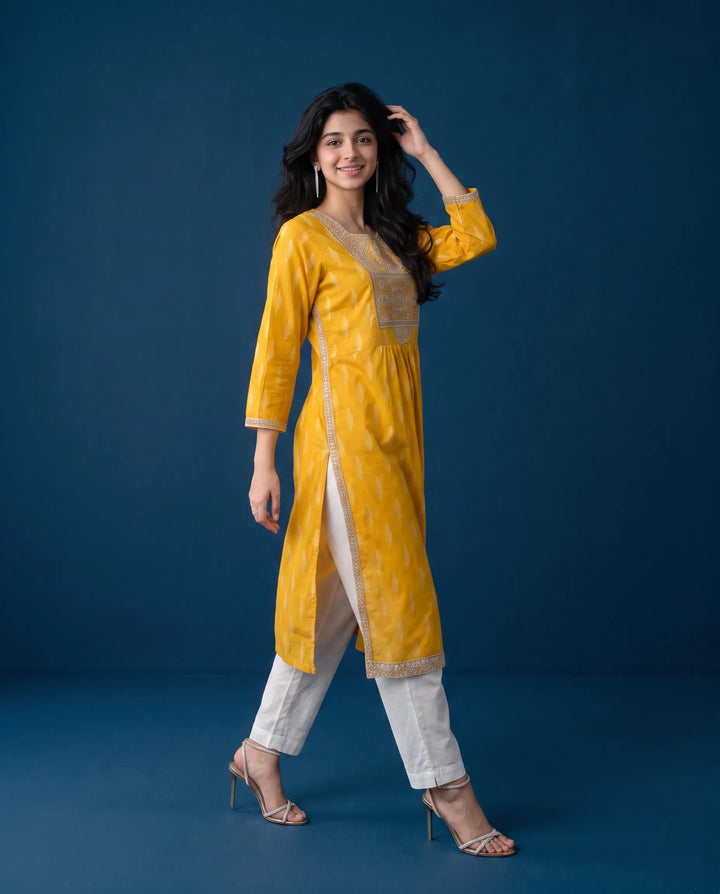 Yellow Embroidered Cotton Straight cut Long Kurta