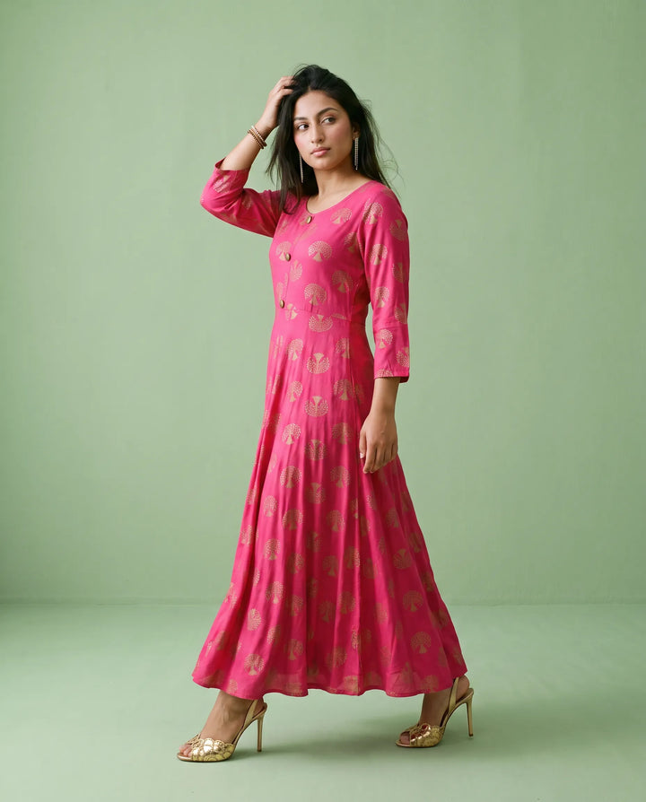 Magenta Printed Rayon Maxi Dress