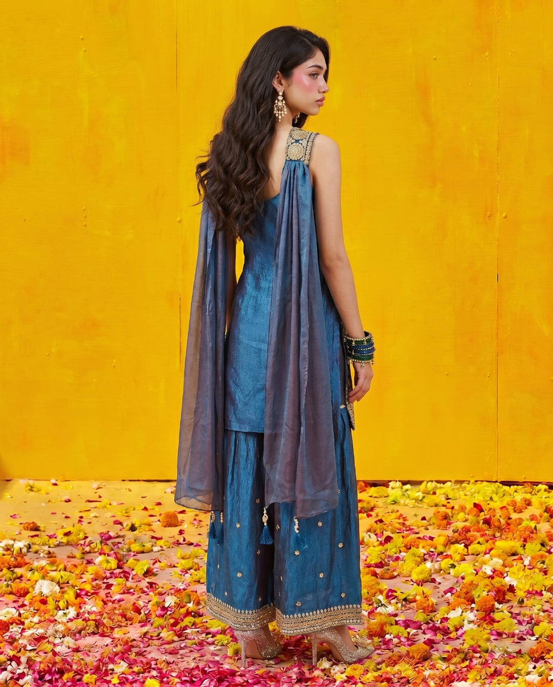 Navy Embriodered Silk Blended Spaghetti Strap Kurta Bottom Dupatta Set