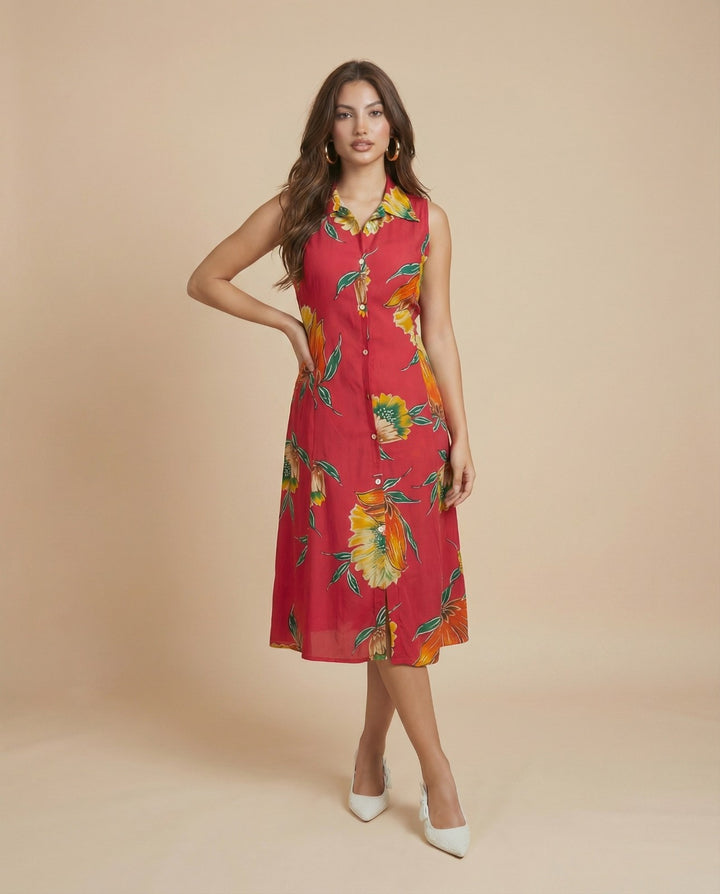 Red Printed Viscose Blended Midi Dress