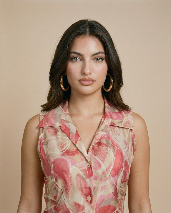 Peach Printed Viscose Blended Midi Dress