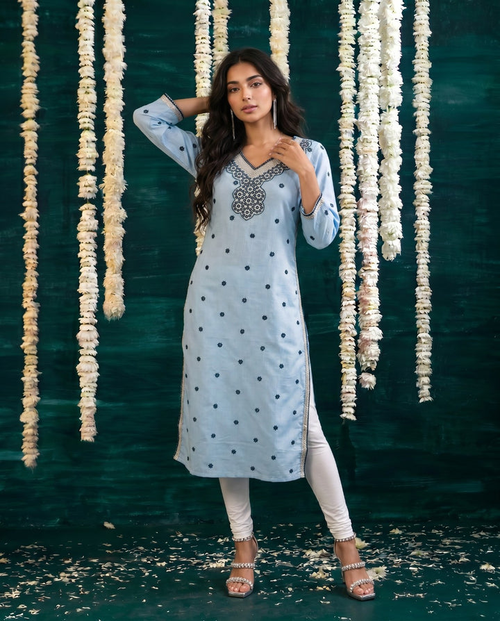 Blue Embroidered Viscose Blended Straight cut Long Kurta