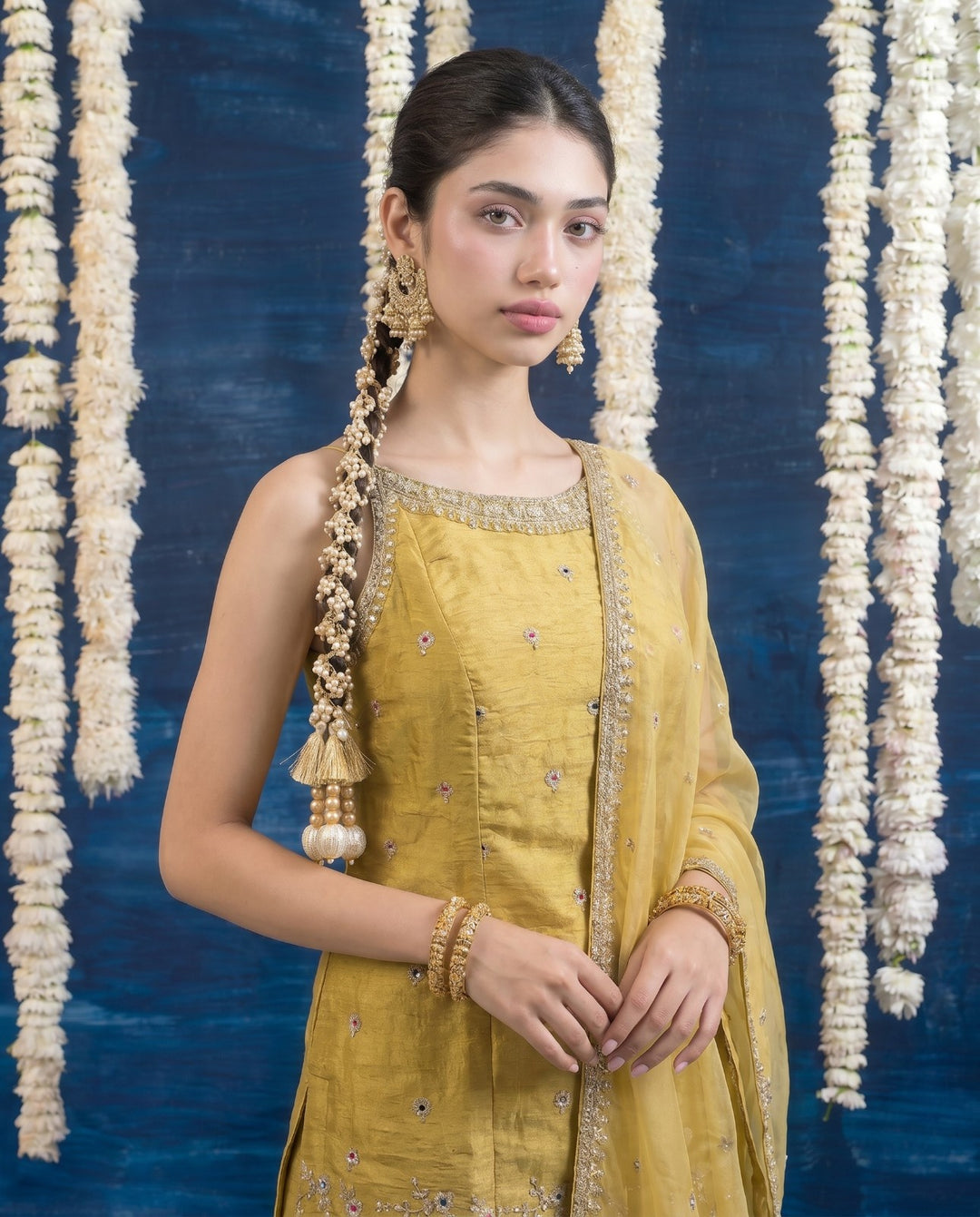 Yellow Embriodered Silk Blended Spaghetti Strap Kurta Bottom Dupatta Set