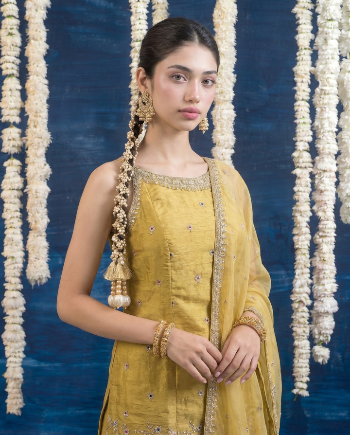 Yellow Embriodered Silk Blended Spaghetti Strap Kurta Bottom Dupatta Set
