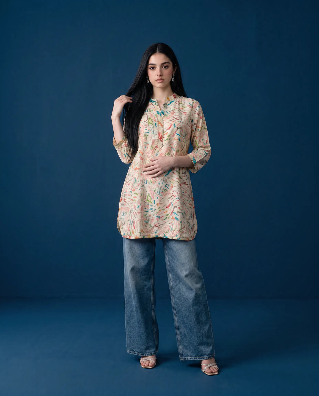 White Printed Viscose BlendedShort Kurti