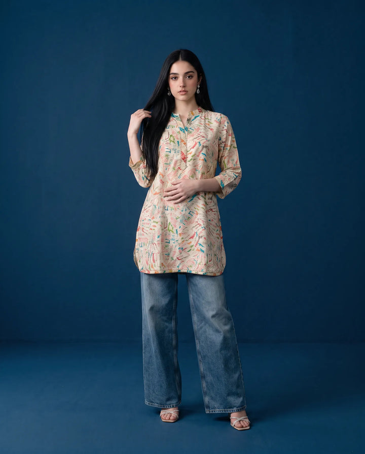 White Printed Viscose BlendedShort Kurti