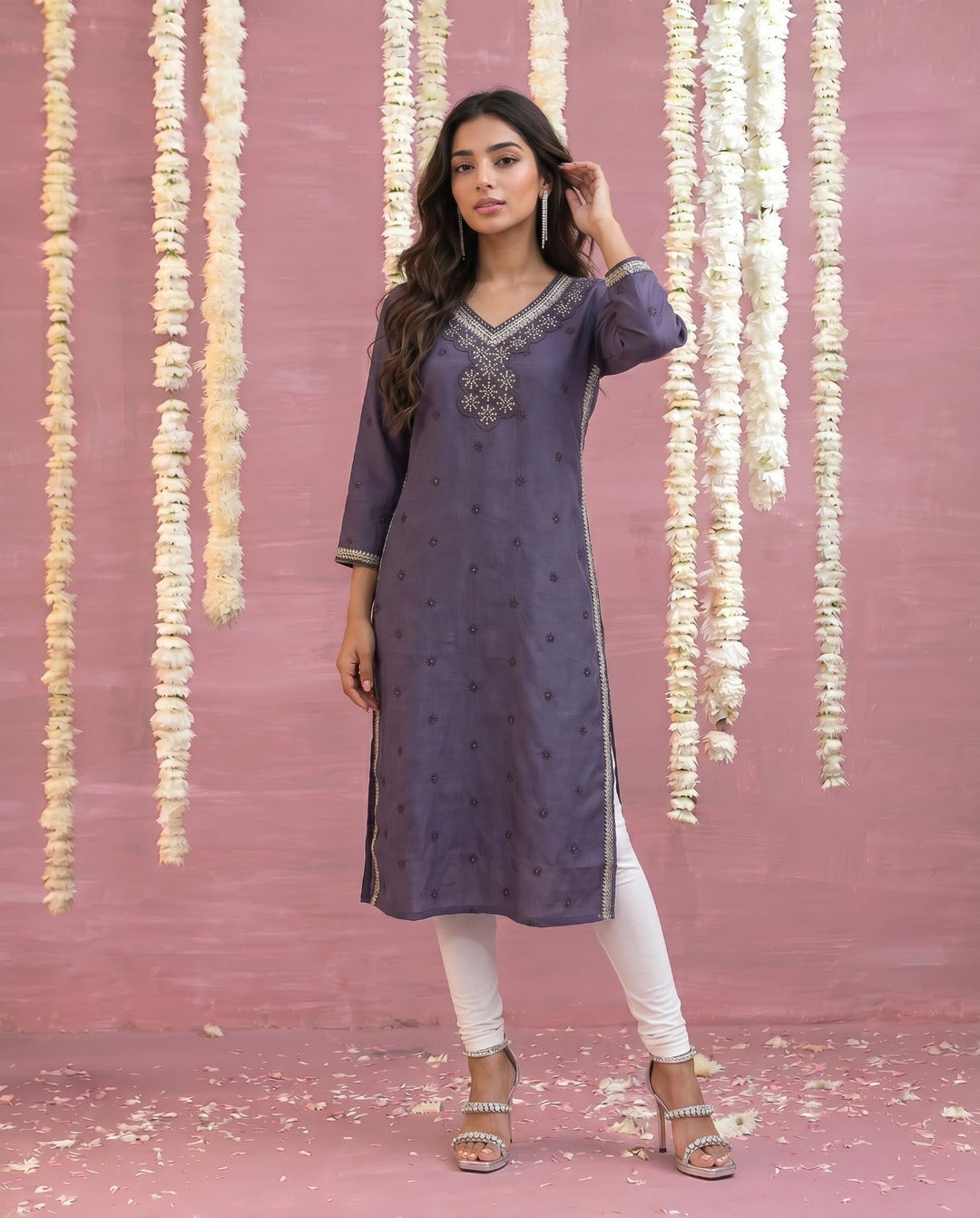 Purple Embroidered Viscose Blended Straight cut Long Kurta