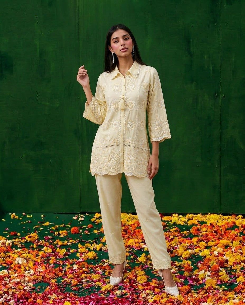 Yellow Embroidered Cotton Satin Co-Ord Set