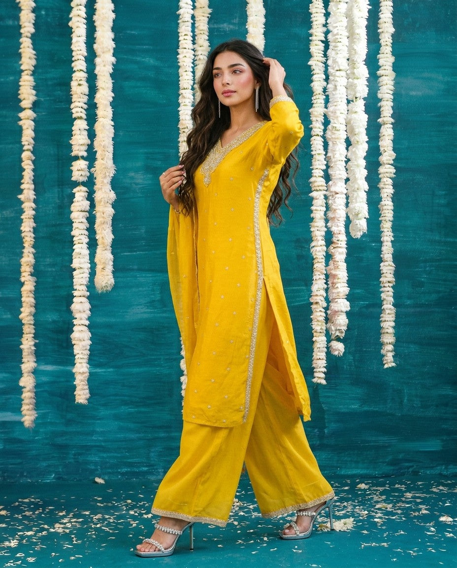 Yellow Embriodered Silk Blended Kurta Bottom Dupatta Set