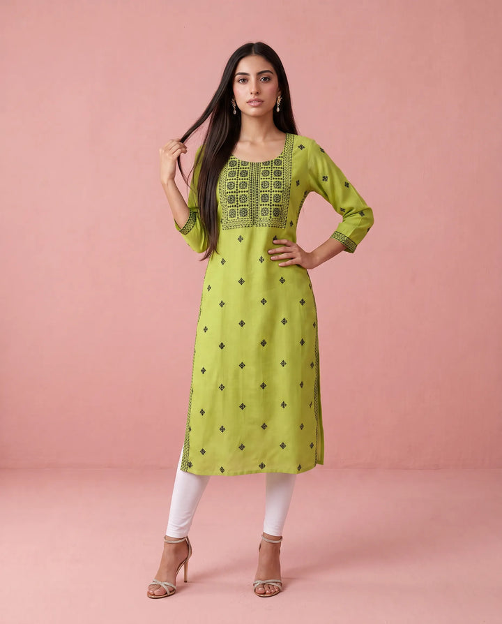 Green Embroidered Viscose Blended 3/4 Sleeves Straight Cut Long Kurta