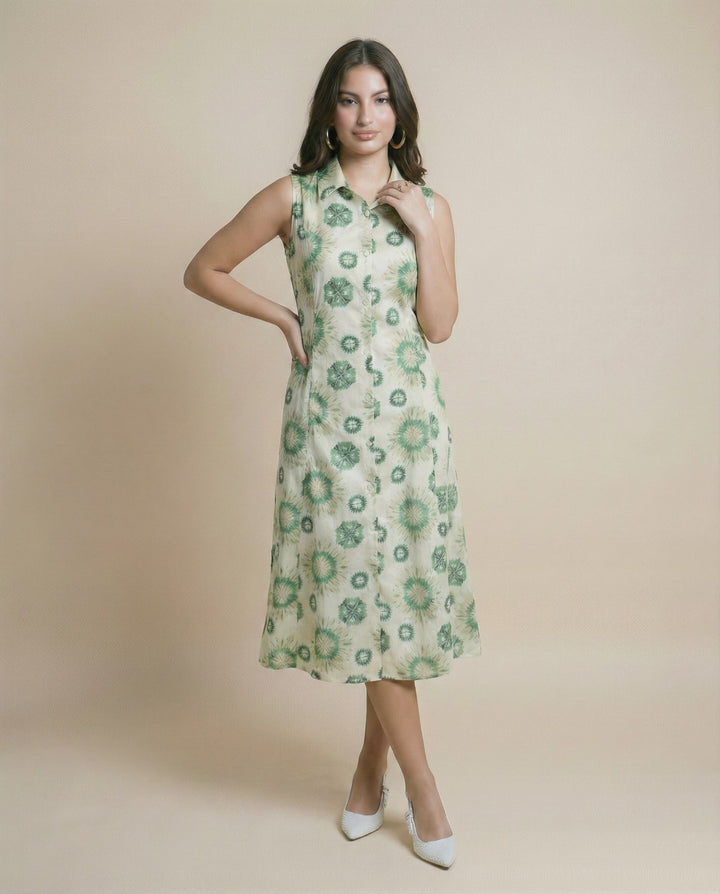 White and Green Printed Linen Blended Midi Dress