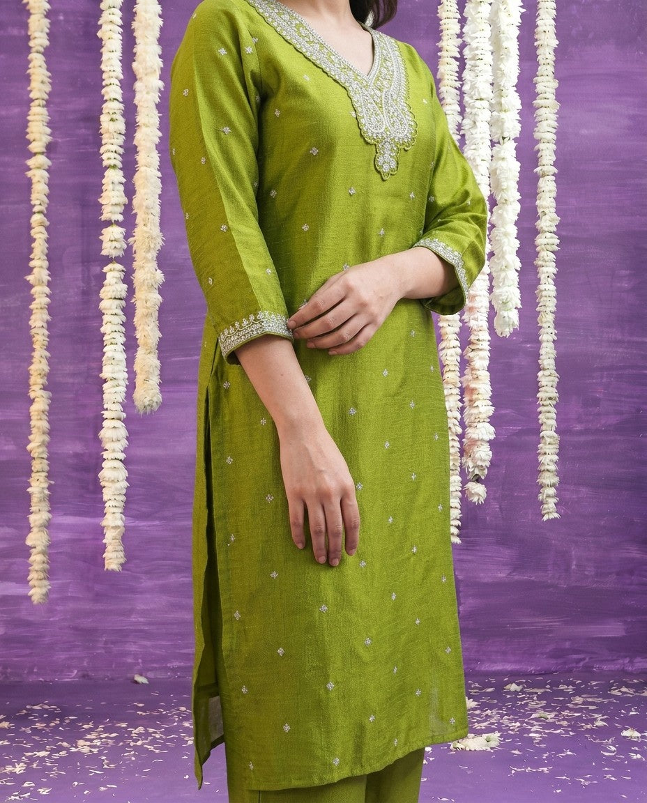 Olive Embriodered Silk Blended Kurta Bottom Dupatta Set
