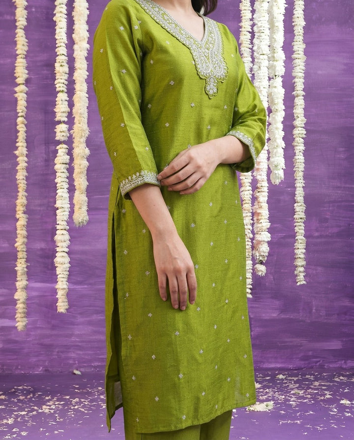 Olive Embriodered Silk Blended Kurta Bottom Dupatta Set