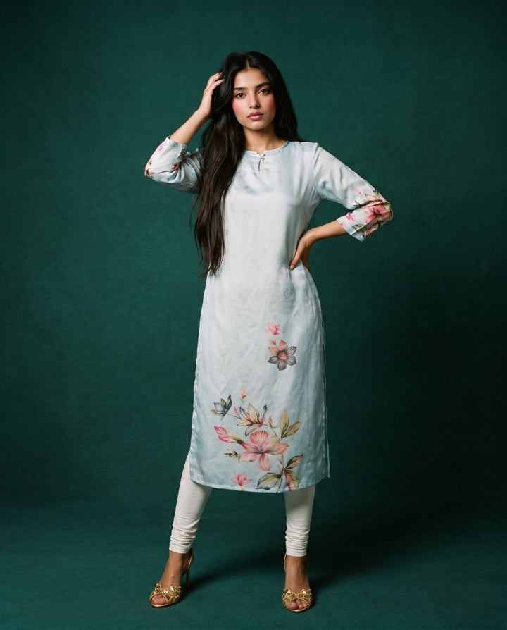 Grey Printed Crepe Silk Straight cut Long Kurta