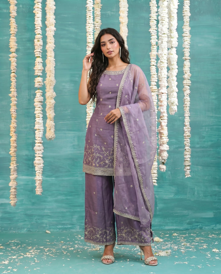 Purple Embriodered Silk Blended Spaghetti Strap Kurta Bottom Dupatta Set