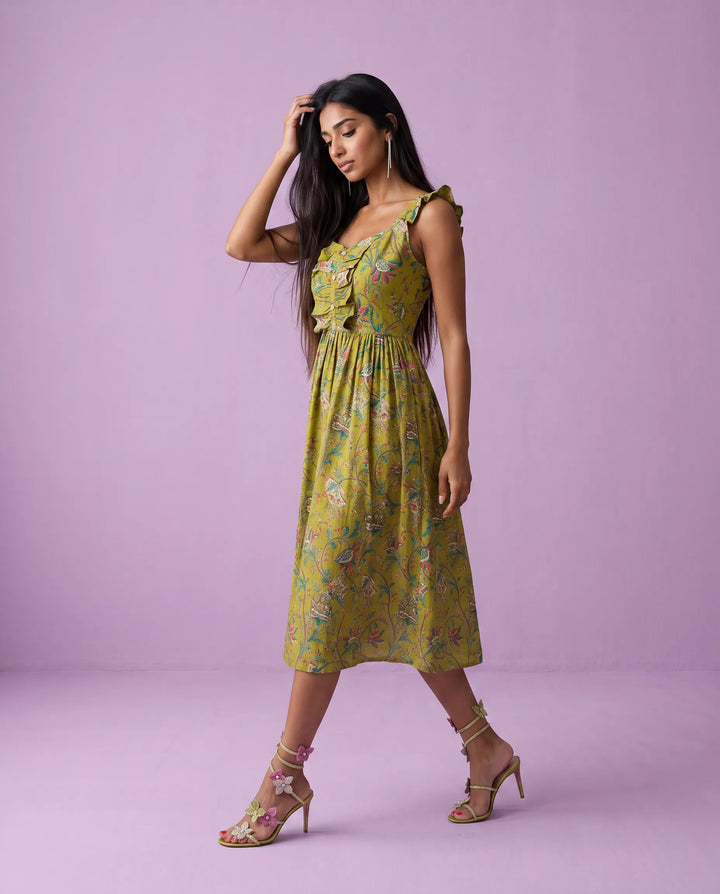 Green Printed Cotton Blended Midi Dress