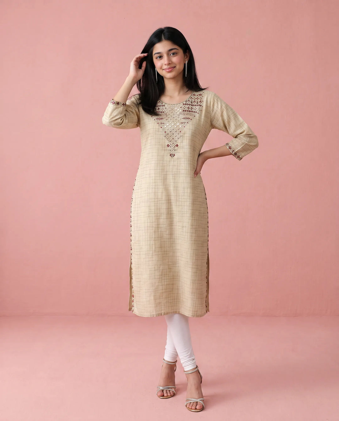 Beige Embroidered Cotton Straight cut Long Kurta