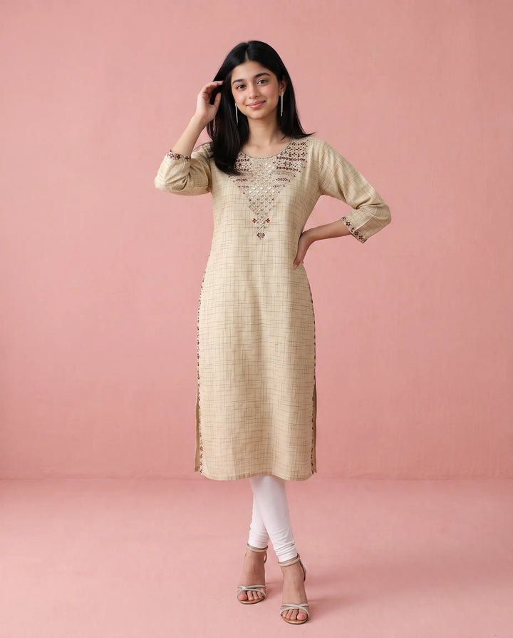 Beige Embroidered Cotton Straight cut Long Kurta