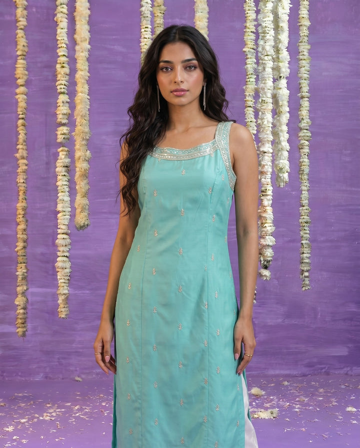 Turquoise Embroidered Viscose Blended Sleeveless Straight cut Long Kurta