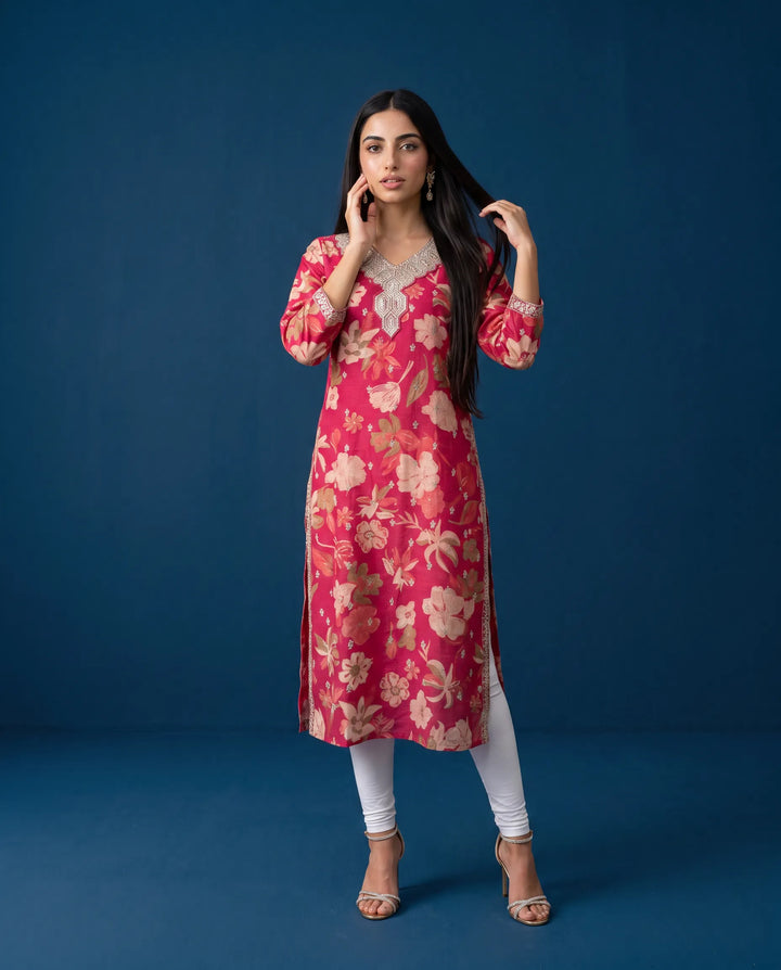 Magenta Embroidered Viscose Blended 3/4 Sleeves Straight Cut Long Kurta