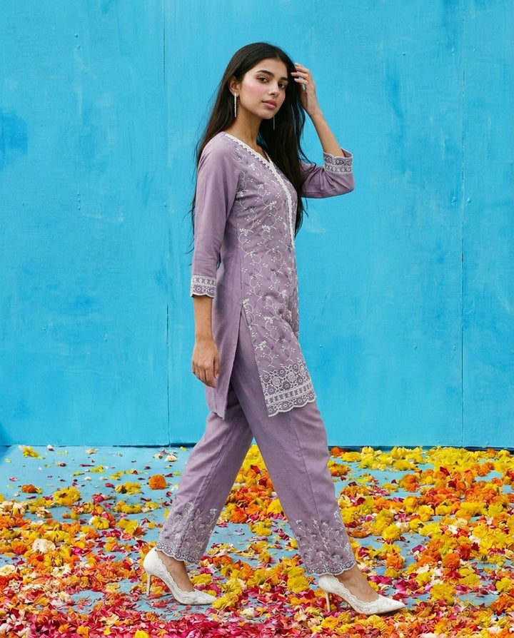 Purple Embriodered Cotton Satin Co-Ord Set