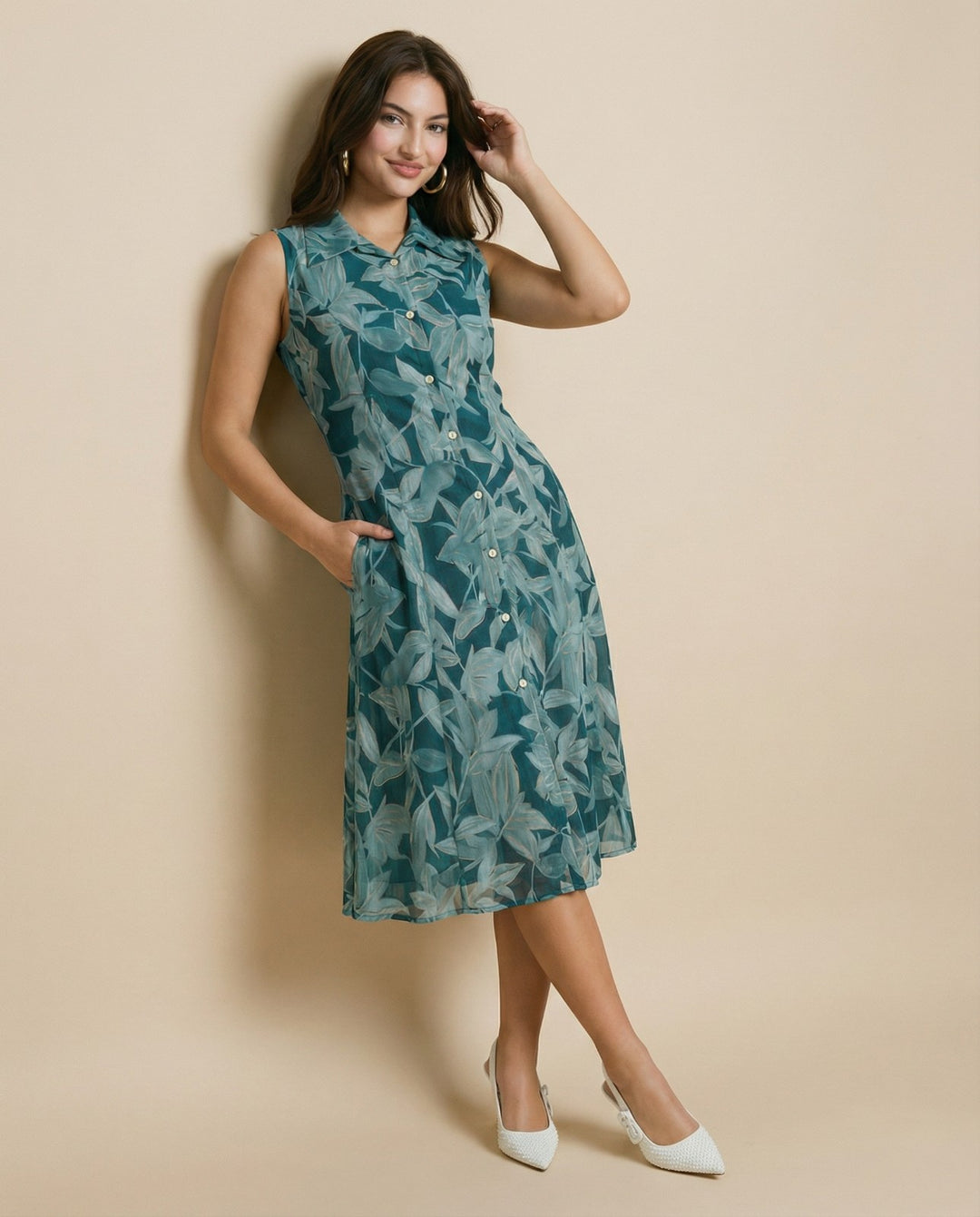 Teal Printed Viscose Blended Midi Dress