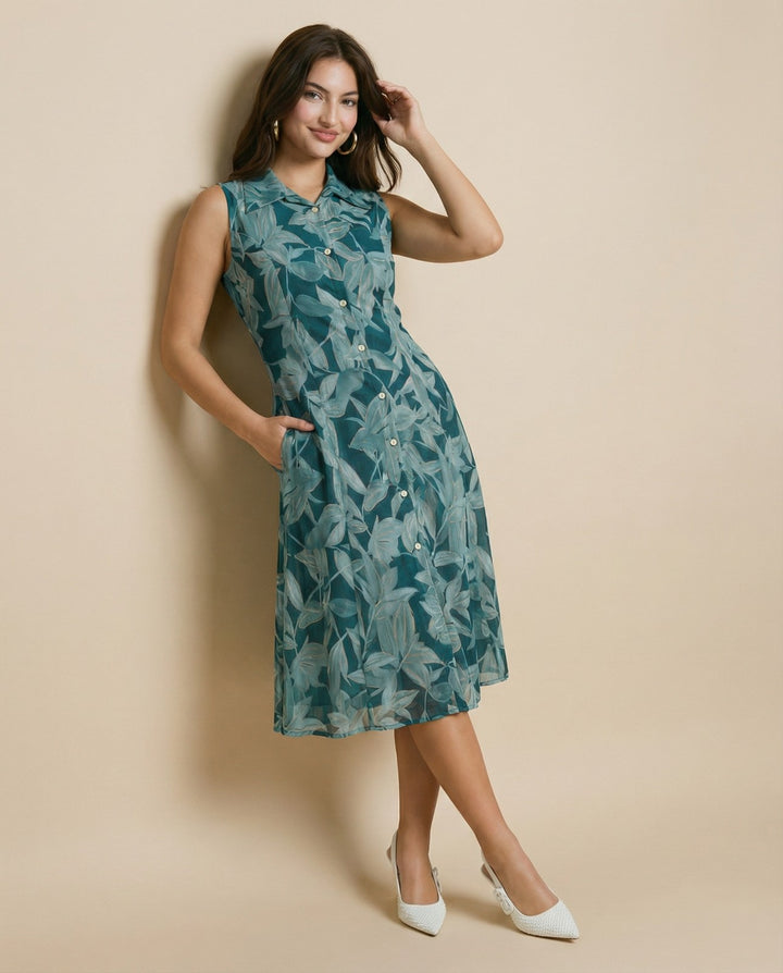 Teal Printed Viscose Blended Midi Dress