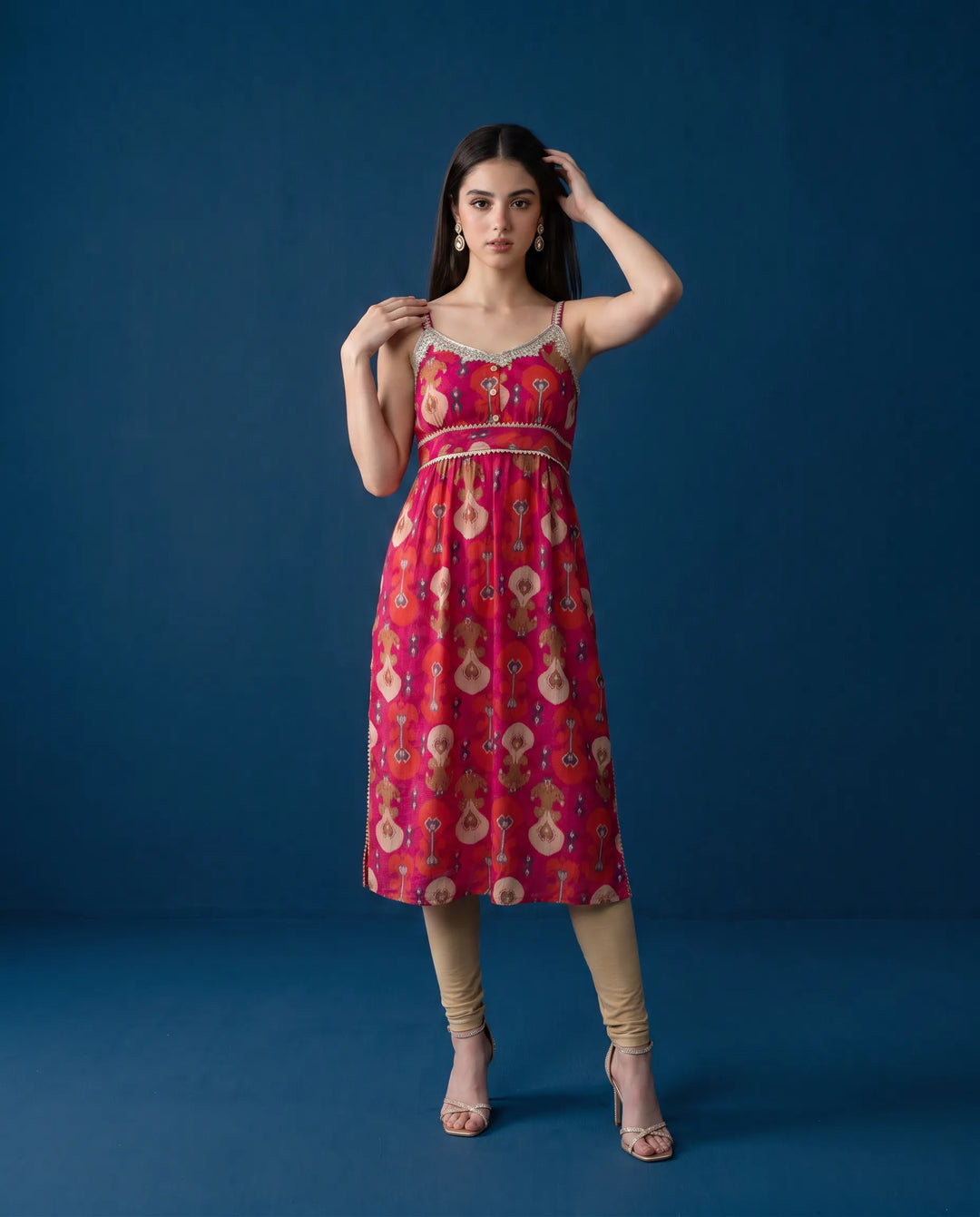 Pink Printed Viscose Blended Spaghetti Strap Straight Cut Long Kurta